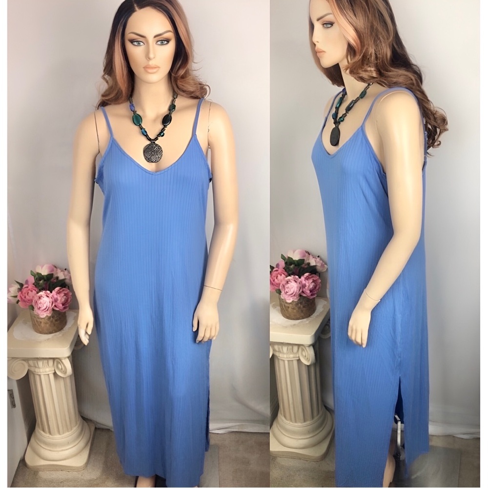 SALE 🔥 2X PLUS Periwinkle Blue Ribbed Sleeveless Long Maxi Y2K Casual Date Dress